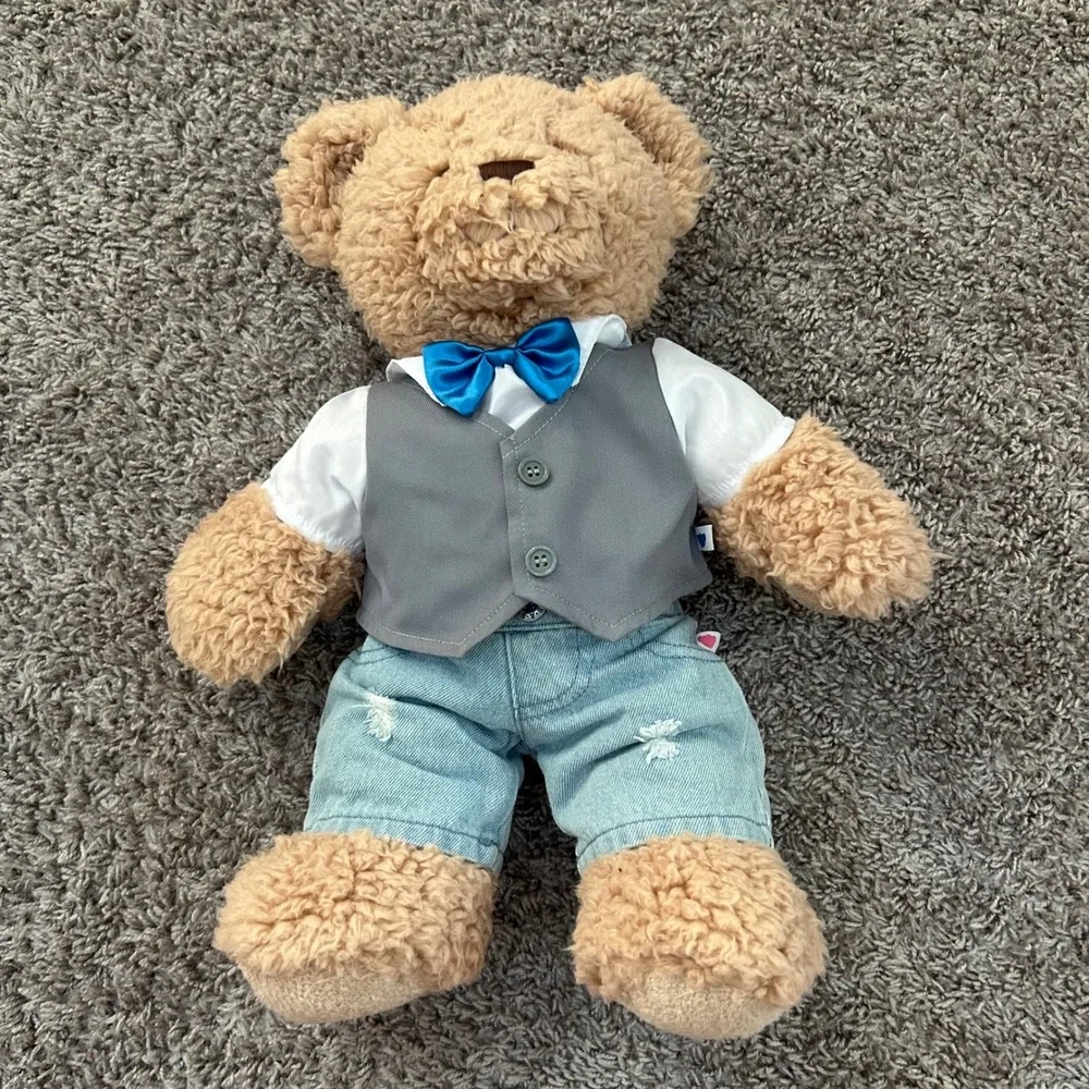 Build A Bear Plush Teddy Bear Tan Blue Bowtie Vest Denim Outfit‎ Stuffed Animal